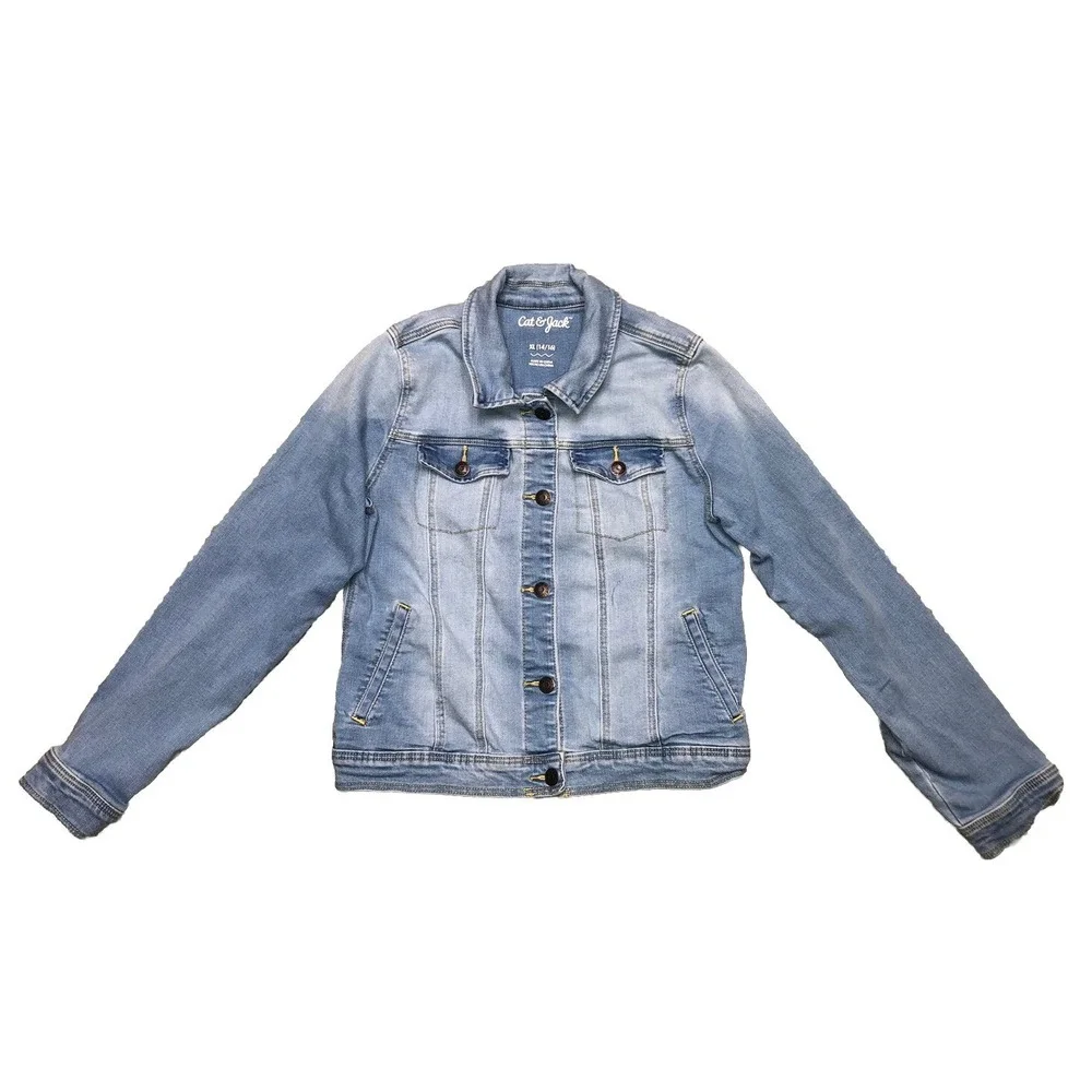 Cat And Jack Denim Jacket Girls XL (14-16) Blue Jean Snap Button‎ Stretch *spot